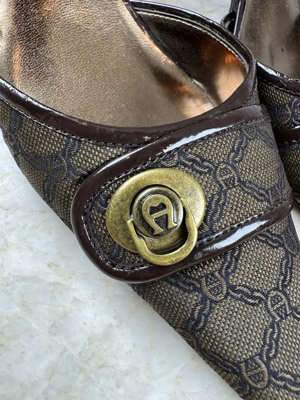 Etienne Aigner Fabriq Pumps 6M Brown Monogram Pointed Toe Ankle Strap Heels